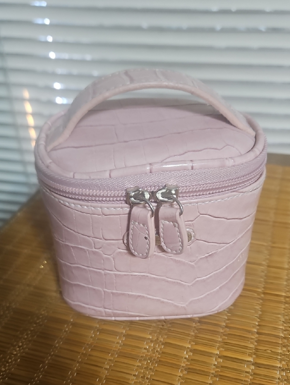 Small Pink Croc-Embossed Travel Cosmetic Case with Top Handle